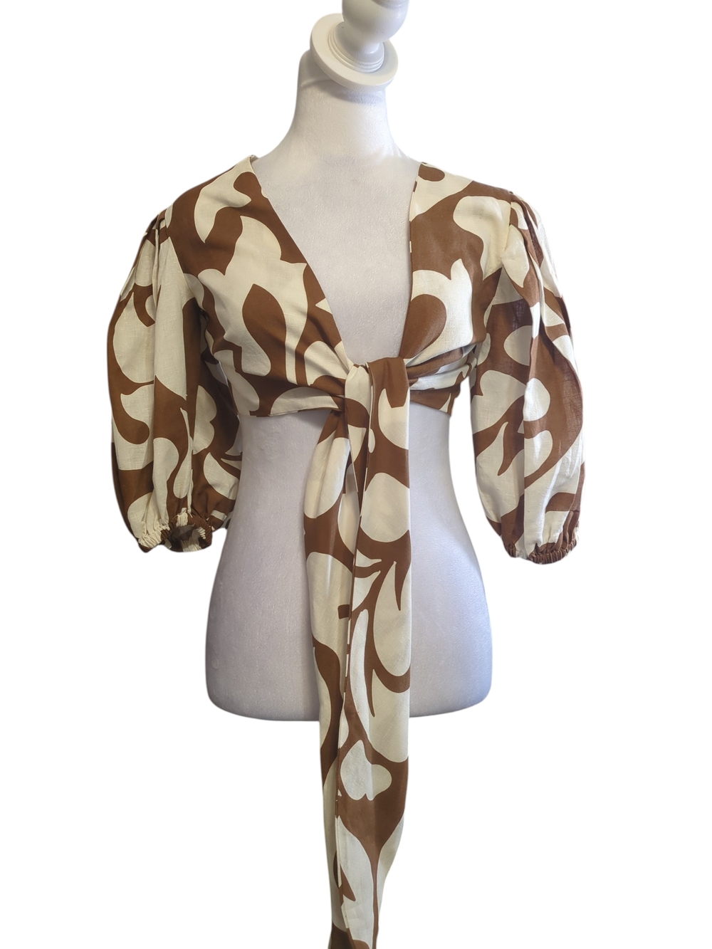 RHODET Two-Piece Brown/Cream Floral Print Set - Cropped Tie Top & Wide Leg Pant - Picture 6 of 13
